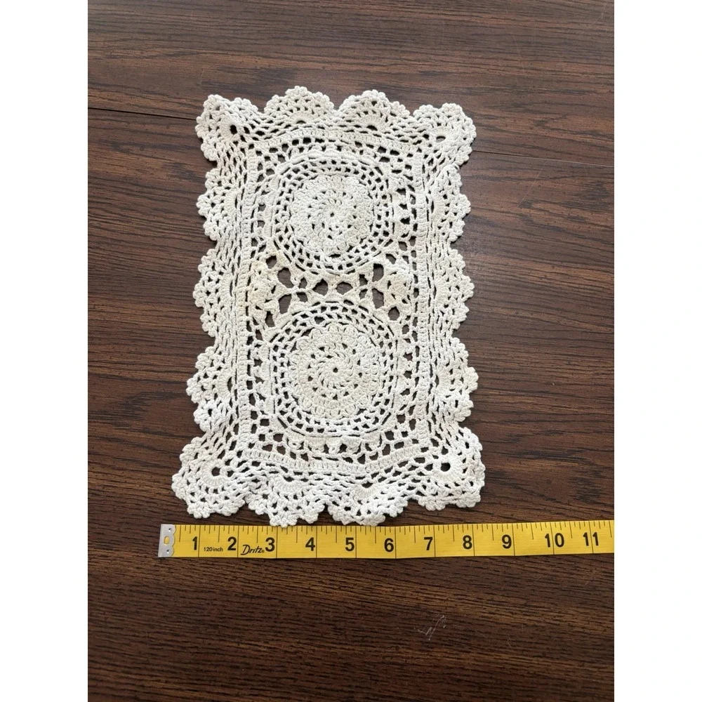 Vintage Hand Crochet rectangular Doily‎ Cotton Ivory Lace Table Topper